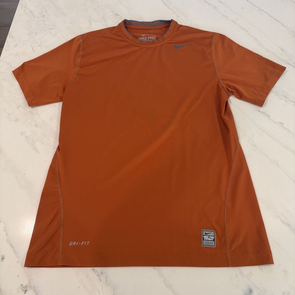 Nike Pro Combat Mens Orange Dri-Fit Performance Tee M Athletic Workout Gorpocore